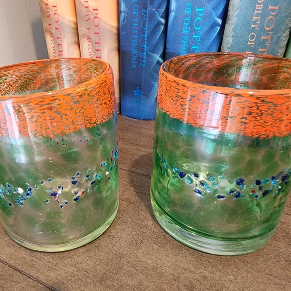 Handmade and Hand Blown Art Glass Lowball colorful set of 2 glasses. - Picture 7 of 9